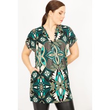 Şans Kadın Yeşil Büyük Beden V Yaka Yan Cepli Düşük Kollu Tunik