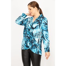 Şans Kadın Mavi Büyük Beden Çıtçıt Kapama Anvelop Ön Büzgülü Tunik