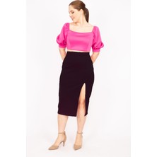 Şans Kadın Fujya Büyük Beden Yaka Ve Kolu Lastik Detaylı Scuba Kumaç Crop