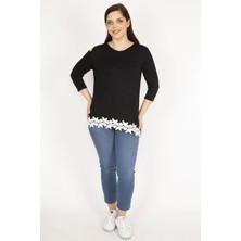 Şans Kadın Siyah Büyük Beden Tek Omuz Dekolteli Etek Ucu Dantel Bluz