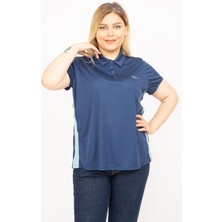 Şans Kadın Lacivert Büyük Beden Polo Yakalı Yan Şeritli Spor Bluz 65N35771