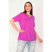 Şans Kadın Eflatun Büyük Beden Tek Yaka Biyeli Spor Bluz 65N35619