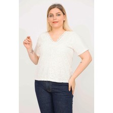 Şans Kadın Kemik Büyük Beden Pamuklu Kumaş Önü Astarlı Dantel Bluz 65N35791