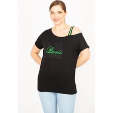 Şans Kadın Siyah Büyük Beden Taş ve Askı Detaylı Bluz