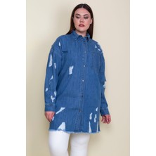 Şans Kadın Mavi Yırtık Detaylı Salaş Kesim Oversize Kot Tunik Ceket 65N28046