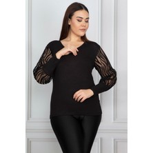Şans Kadın Büyük Beden Siyah Kolu Flok Tül Bluz 65N17976