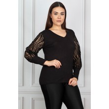 Şans Kadın Büyük Beden Siyah Kolu Flok Tül Bluz 65N17976