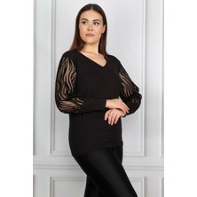 Şans Kadın Büyük Beden Siyah Kolu Flok Tül Bluz 65N17976