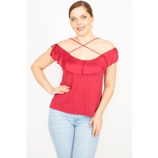 Şans Kadın Bordo Büyük Beden Çapraz Askılı Yaka Volanlı Bluz