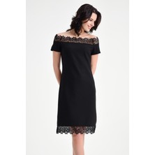 Laranor Yaka ve Etek Ucu Güpür Detay Elbise 48 Siyah