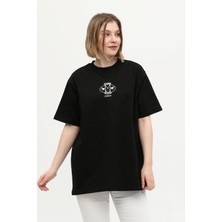 Owut Collection Siyah %100 Pamuk Bisiklet Yaka Sırt Baskılıoversize Örme T-Shirt