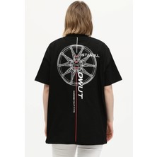 Owut Collection Siyah %100 Pamuk Bisiklet Yaka Sırt Baskılıoversize Örme T-Shirt