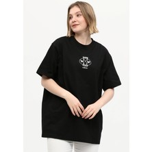 Owut Collection Siyah %100 Pamuk Bisiklet Yaka Sırt Baskılıoversize Örme T-Shirt