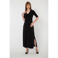 Laranor Gömlek Yaka Yırtmaç Detay Uzun Elbise 42 - Siyah