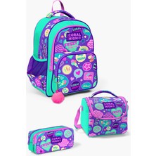 Coral High Kids Su Yeşili Mor Desenli 3'lü Okul Çanta Seti SET0114413