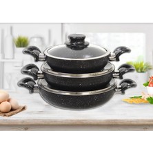 Asal Home Çift Kulp Kapaklı Siyah Gümüş Granit Omlet/Sahan Tava Seti 18+20+22 cm