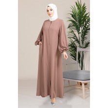 Kol Manşeti Boncuklu Plili Kloş Sütlü Kahve Ferace 3746