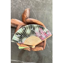 Miamantra Bambu Ipek Şık Japon Yelpaze - Yeşil Pembe Çiçekli