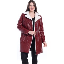 By Marki Marki Hakiki Deri Kürk Kaban Kruvaze Kürk Yakalı Astarlı ve Kürklü Bordo Deri Mont Kadın Ceket - 111522