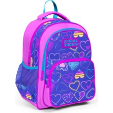 Coral High Açık Pembe Lavanta Kalp Desenli 3'lü Okul Çanta Seti 18 Litre Kapasite ile Kız Çocuklar İçin