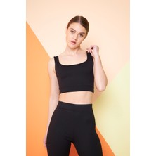 Thiff Gymwear Siyah Fitilli Kare Yaka Esnek Örme Crop Büstiyer Atlet