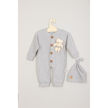 Ada Bebek Çocuk Ada Bebek Kısa Kol Pamuk Ahşap Düğmeli Gri Ayıcıklı Bebek Tulum Rahat Tasarım