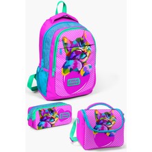 Coral High Kids Pembe Mavi Simli Kedi Desenli 3’lü Okul Çanta Seti SET014387