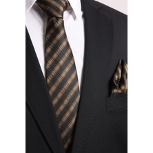 Esgue Hand Made 7.5 cm Füme - Gold Çizgili Kravat Mendil