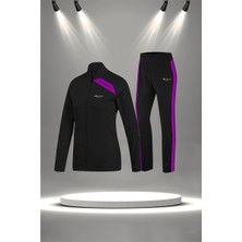 Poseidon Storm Büyük Beden Kadın Siyah Supra Penye Kumaş Rahat Fermuarlı Koşu Takımı  (4XL-10XL)