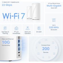 TP-Link Deco BE85(1-pack), BE19000 Mbps, 1x 10Gbps LAN/WAN Portu, 320 MHz Kanallar, 6 GHz Bandında Çalışır, 200 Cihaza Kadar Bağlanılabilirlik, VPN, WPA3, Üç Bantlı Wi-Fi 7 Mesh Sistemi