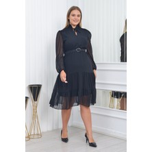Neşeli Butik Kadın Gipeli Midi Boy Büyük Beden Şifon Elbise NM7156