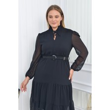 Neşeli Butik Kadın Gipeli Midi Boy Büyük Beden Şifon Elbise NM7156