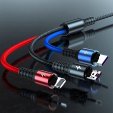 Soillium Yeni-Eski Nesil Android Iphone Uyumlu 3in1 Type-C Micro USB Şarj Aleti Cihazı Kablosu 3lü Kablo