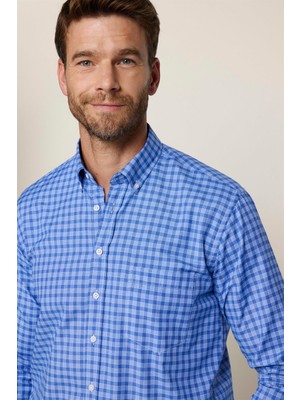 Tudors Erkek Regular Fit Klasik Kesim Düğmeli Yaka Küçük Kareli Pamuklu Gömlek