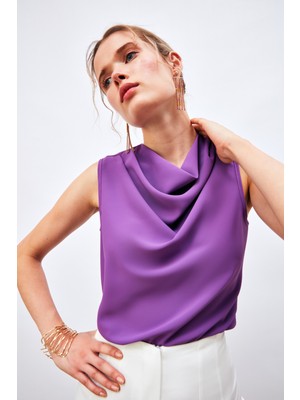 Sateen Degaje Yaka Kolsuz Bluz - Mor