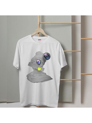 Mor Mürekkep Heykel Baskılı Erkek Tshirt