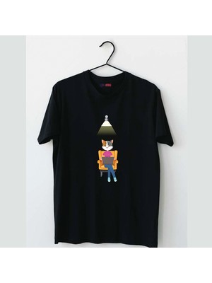 Mor Mürekkep Işık Altında Kedi Baskılı Erkek Tshirt