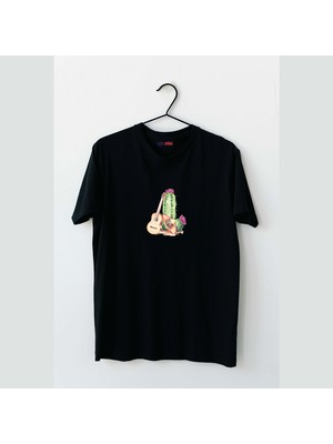 Mor Mürekkep Gitar ve Kaktüs Tasarım Baskılı Erkek Tshirt