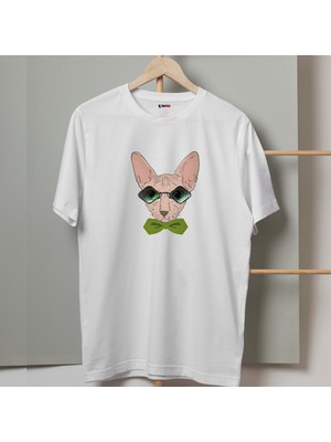Mor Mürekkep Gözlüklü Yeşil Papyonlu Kedi Tasarım Baskılı Erkek Tshirt