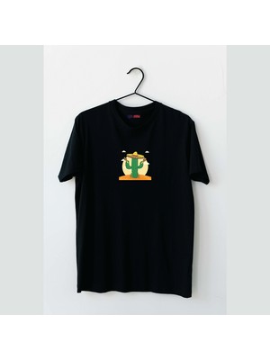 Mor Mürekkep Marakas Kaktüs Tasarım Baskılı Erkek Tshirt