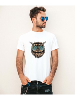 Mor Mürekkep Gözlüklü Baykuş Tasarım Baskılı Erkek Tshirt