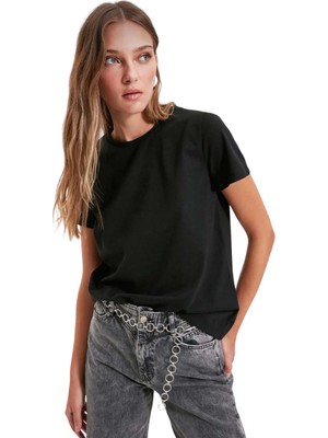 Mor Mürekkep Basic Bisiklet Yaka Siyah Kadın Tshirt