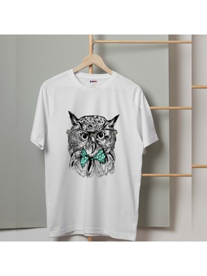 Mor Mürekkep Gözlüklü ve Mavi Papyonlu Baykuş Tasarım Baskılı Kadın Tshirt