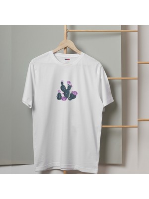 Mor Mürekkep Mor Çiçekli Kaktüs Tasarım Baskılı Erkek Tshirt