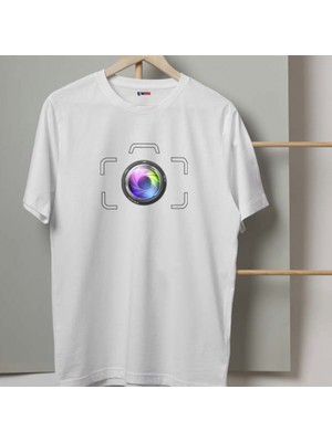 Mor Mürekkep Fotoğraf Makine Çerçeveli Tasarım Baskılı Kadın Tshirt