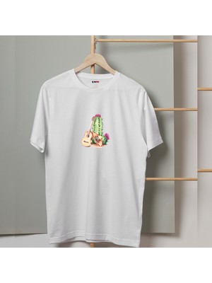Mor Mürekkep Gitar ve Kaktüs Tasarım Baskılı Kadın Tshirt