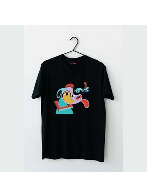 Mor Mürekkep Köpek ve Kuş Tasarım Baskılı Kadın Tshirt