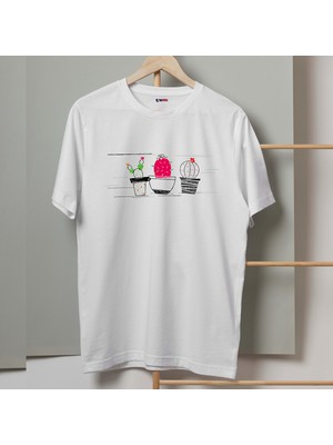 Mor Mürekkep Pembe Kaktüs Tasarım Baskılı Kadın Tshirt