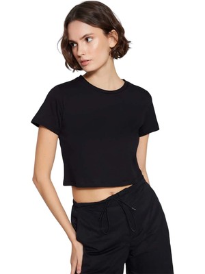 Mor Mürekkep Basic Bisiklet Yaka Siyah Crop