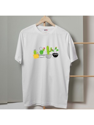Mor Mürekkep 4lü Kaktüs Tasarım Baskılı Kadın Tshirt